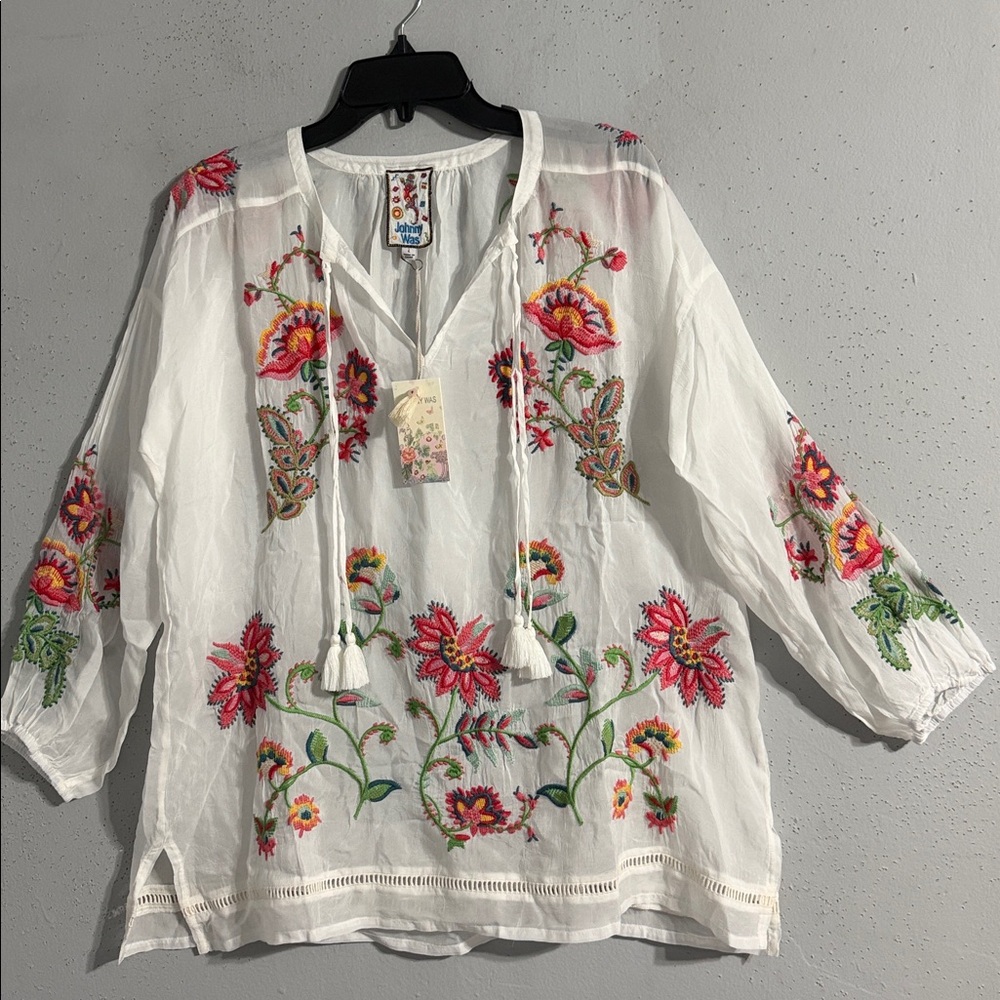 Johnny Was White Embroidered Floral Tunic with Pink and Green Accents - Picture 2 of 13